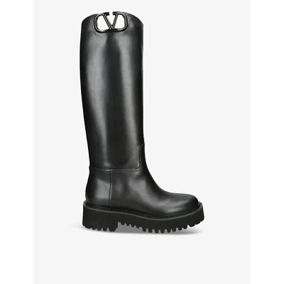 Shop Valentino Garavani Women's Black Vlogo Knee-high Leather Boots