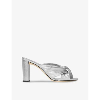 Shop Jimmy Choo Avenue 85 Knot-embellished Leather Heeled Mules In Silver