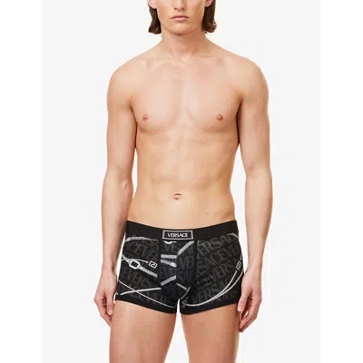 Shop Versace Men's Black+grey Logo-waistband Stretch-cotton Boxer Briefs
