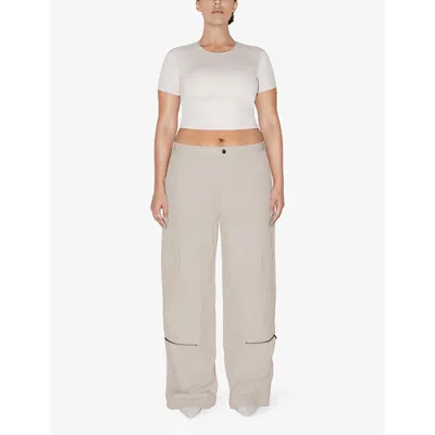 Shop Khy Womens Stone Zipped-pocket Oversized-fit Wide-leg Low-rise Woven Cargo Trousers