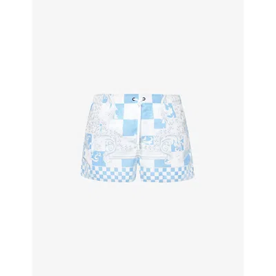 Shop Versace Men's Pastel Blue+white+silver Check-patterned Low-rise Swim Shorts