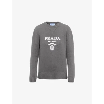 Prada Womens Grey Logo-intarsia Cashmere And Wool-blend Sweater In Grey