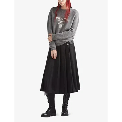 Prada Womens Grey Logo-intarsia Cashmere And Wool-blend Sweater In Grey