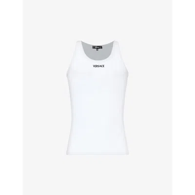 Shop Versace Men's Optical White Brand-embroidered Stretch-cotton Vest Top