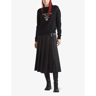 Prada Cashmere And Wool Logo Crew-neck Sweater In Black