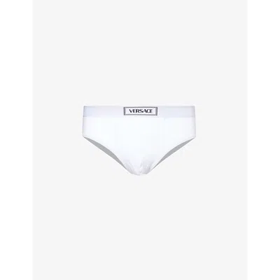 Shop Versace Logo-waistband Stretch-cotton Briefs In Optical White