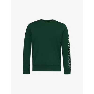 Shop Polo Ralph Lauren Men's Green Logo Text-print Long-sleeved Cotton-blend Sweatshirt