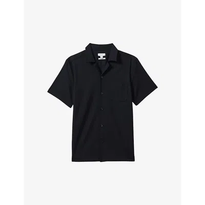 Shop Reiss Men's Navy Nitus Herringbone Stretch Woven-blend Shirt