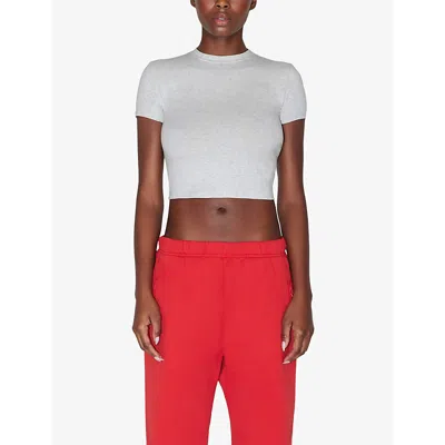 Shop Khy Womens Heather Grey Raw-edge Elasticated-waist Cropped Stretch-cotton Jersey T-shirt