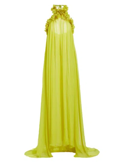 Shop Patbo Women's Floral Appliqué Chiffon Gown In Acid Yellow