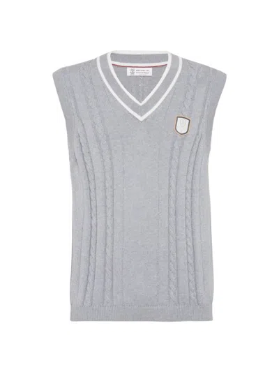 Shop Brunello Cucinelli Men's Cotton Cable Knit Vest With Tennis Badge In Grey