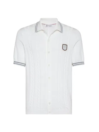 Shop Brunello Cucinelli Men's Cotton Cable Short Sleeve Knit Shirt In Panama