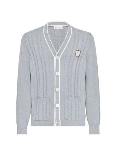 Shop Brunello Cucinelli Men's Cotton Cable Knit Cardigan With Tennis Badge In Grey
