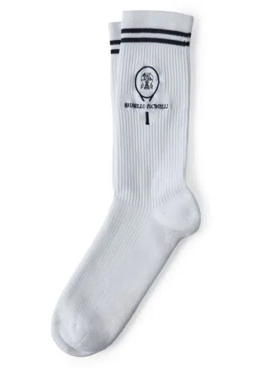 Shop Brunello Cucinelli Men's Techno Cotton Rib Knit Socks In Off White