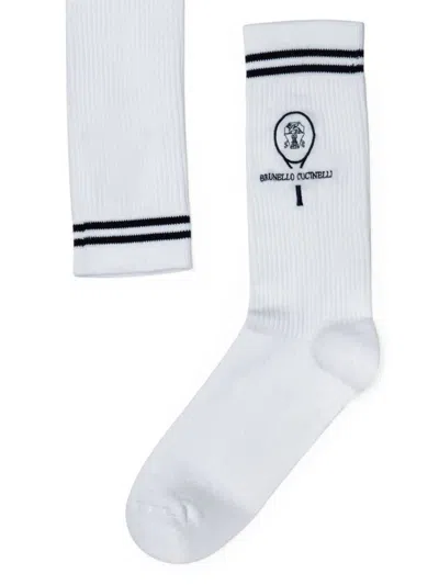 Shop Brunello Cucinelli Men's Techno Cotton Rib Knit Socks In White