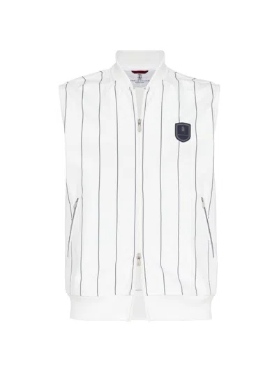 Shop Brunello Cucinelli Men's Chalk Stripe Nylon Sleeveless Sweatshirt In White