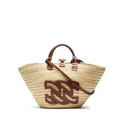 Shop Casadei Panarea Raffia Basket Bag - Woman Bags Natur And Rum Qt