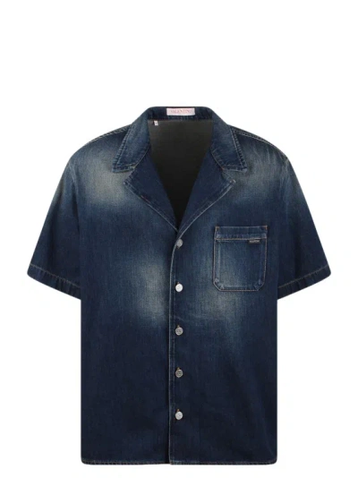 Shop Valentino Denim Chambray Bowling Shirt In Blue