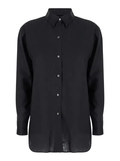 Shop Plain Black Shirt With Buttons In Linen Woman