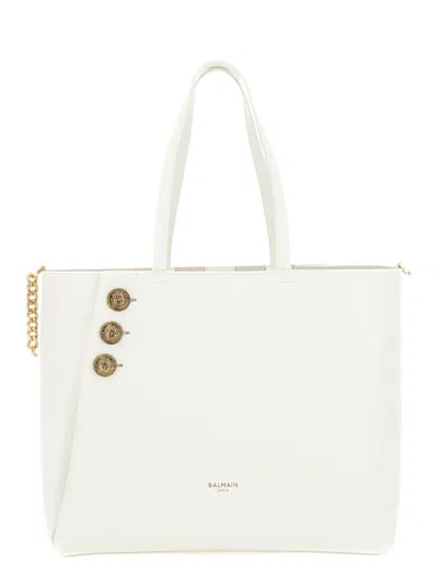 Shop Balmain 'emblème' White Tote Bag With  Coin Buttons And Logo Print In Smooth Leather Woman