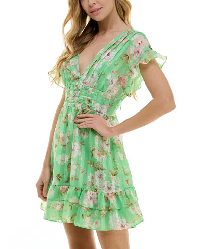 Shop City Studios Juniors' Floral-print Ruffled Fit & Flare Dress In Green,blus