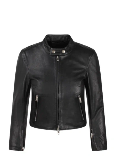 Shop Balenciaga Cropped Leather Jacket In Black