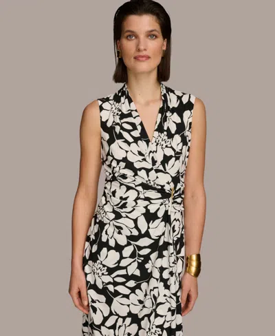 Shop Donna Karan Women's Floral Print Gathered Sleeveless Midi Dress In Black Cream