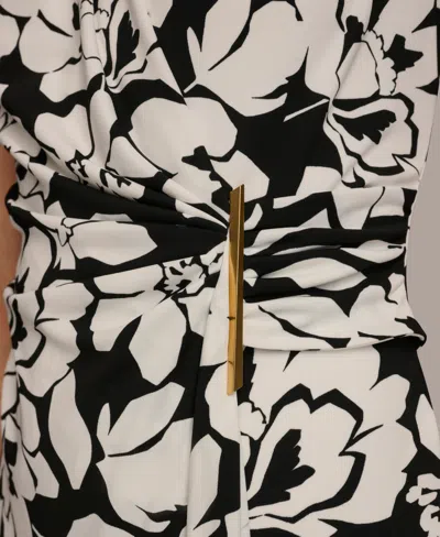 Shop Donna Karan Women's Floral Print Gathered Sleeveless Midi Dress In Black Cream