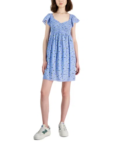 Shop Self Esteem Juniors' Smocked Flutter-sleeve Mini Dress In Skylight Blue