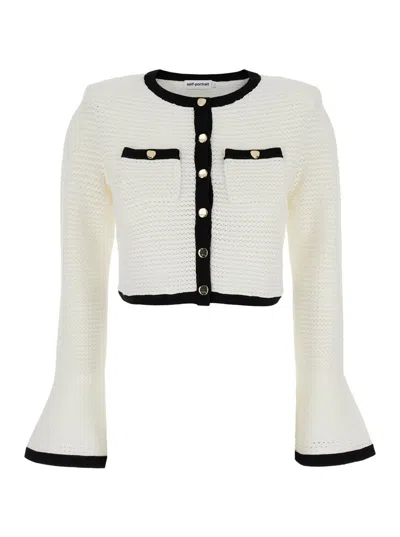Shop Self-portrait White Knit Cardigan With Contrasting Trim In Fabric Woman