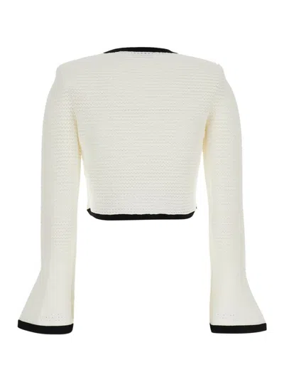 Shop Self-portrait White Knit Cardigan With Contrasting Trim In Fabric Woman
