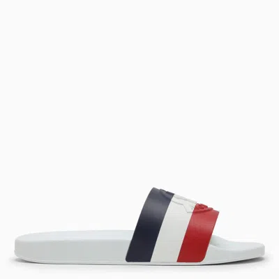 Shop Moncler Basile Slide With Tricolour Band And Logo In White