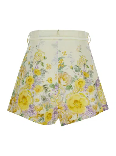 Shop Zimmermann Yellow Bermuda Shorts With Floral Print In Linen Woman