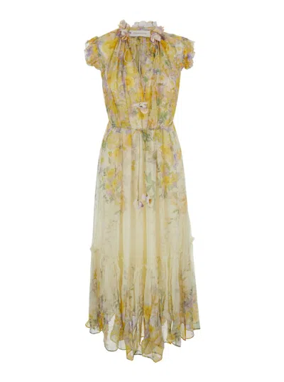 Shop Zimmermann Yellow Long Dress With Floral Print In Viscose Woman