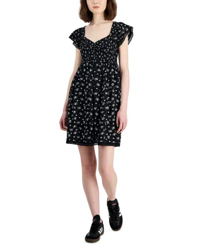 Shop Self Esteem Juniors' Smocked Flutter-sleeve Mini Dress In Black