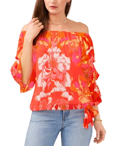 Shop Vince Camuto Women's Floral Print Off The Shoulder Bubble Sleeve Tie Front Blouse In Radiant Orange