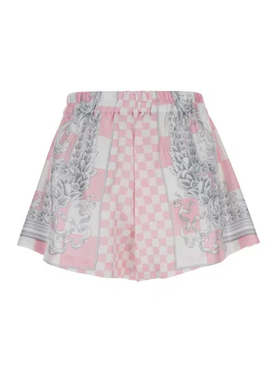 Shop Versace Pink Bermuda Shorts With Baroque Chessboard  Print In Silk Woman