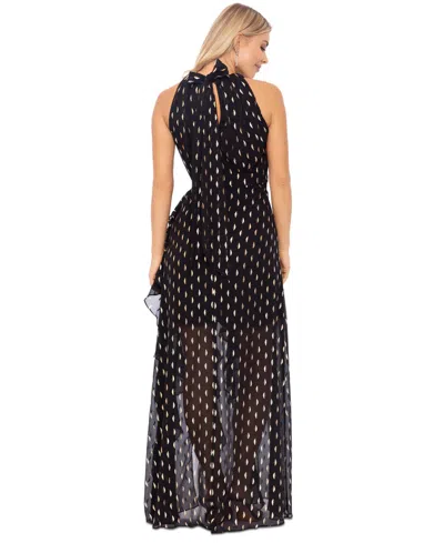 Betsy & Adam Petite Printed Ruffled Halter Gown In Black,silver