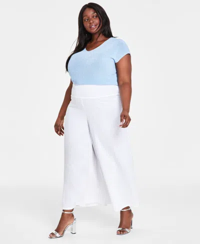 Shop Vince Camuto Plus Size Linen Blend Cropped Wide Leg Smock Waist Pants In Ultra White