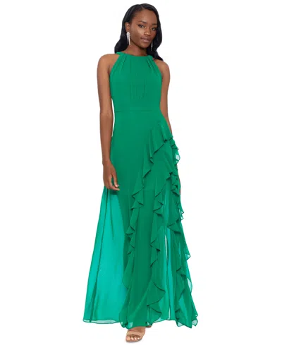 Shop Betsy & Adam Petite Ruffled Halter Gown In Emerald