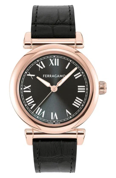 Shop Ferragamo Allure Leather Strap Watch, 36mm In Rose Gold