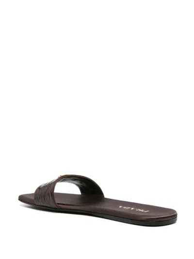 Prada Triangle Logo Croc-embossed Leather Flat Sandals In Cacao