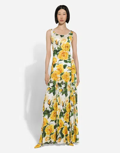 Shop Dolce & Gabbana Long Organzine Round-neck Dress With Yellow Rose Print