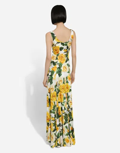 Shop Dolce & Gabbana Long Organzine Round-neck Dress With Yellow Rose Print