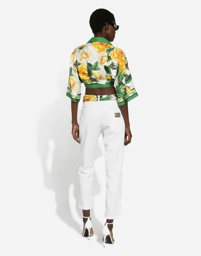 Shop Dolce & Gabbana Short Silk Shirt With Pussy-bow And Yellow Rose Print