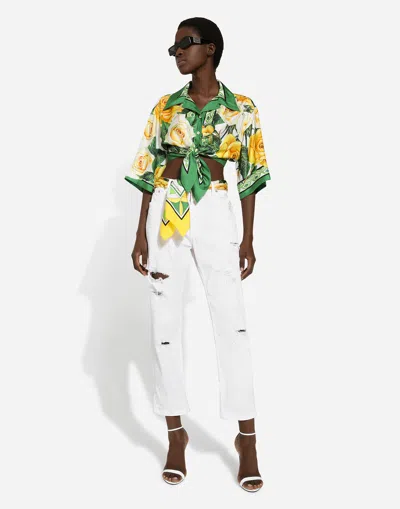 Shop Dolce & Gabbana Short Silk Shirt With Pussy-bow And Yellow Rose Print
