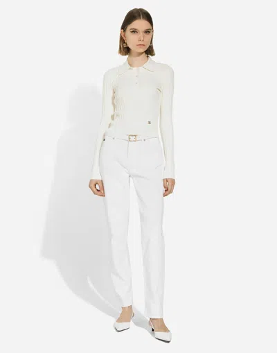 Dolce & Gabbana Cropped Ribbed Viscose Polo-shirt With Dg Logo In White