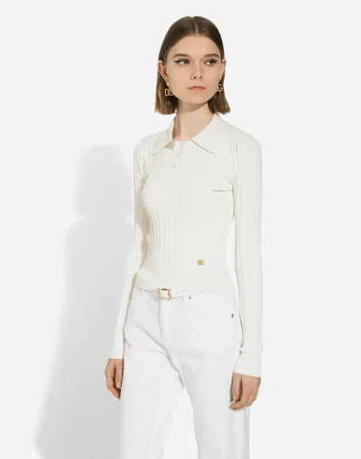Dolce & Gabbana Cropped Ribbed Viscose Polo-shirt With Dg Logo In White