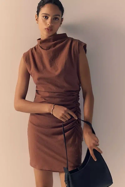 Shop By Anthropologie The Linen Maya Ruched Cowl-neck Dress: Mini Edition In Brown