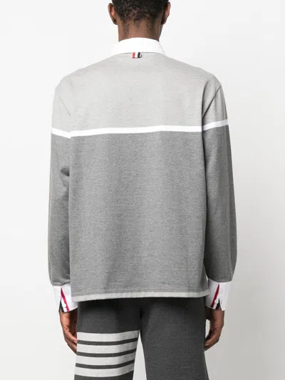 Shop Thom Browne Long Sleeve Cotton Polo Shirt Grey